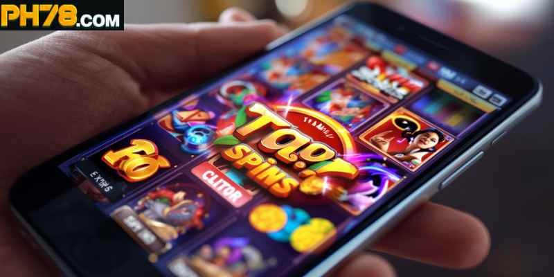 Mobile phone displaying free spins slots gameplay